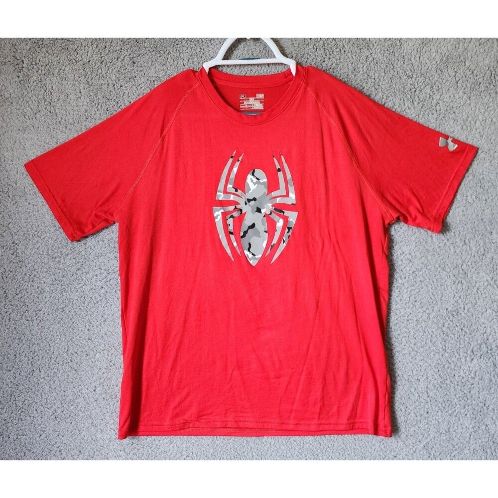 Under Armour Size Large Gray Camouflage Spiderman Logo Red Loose T‎ Shirt